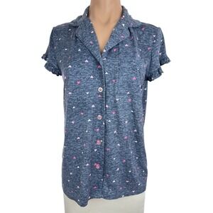 Laura Ashley Size S Blouse Short Sleeve  Blue w/ Pink & White Tiny Hearts